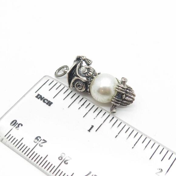 BEAU 925 Sterling Silver Vintage Faux Pearl Owl Professor On Brunch Pendant - Picture 3 of 8